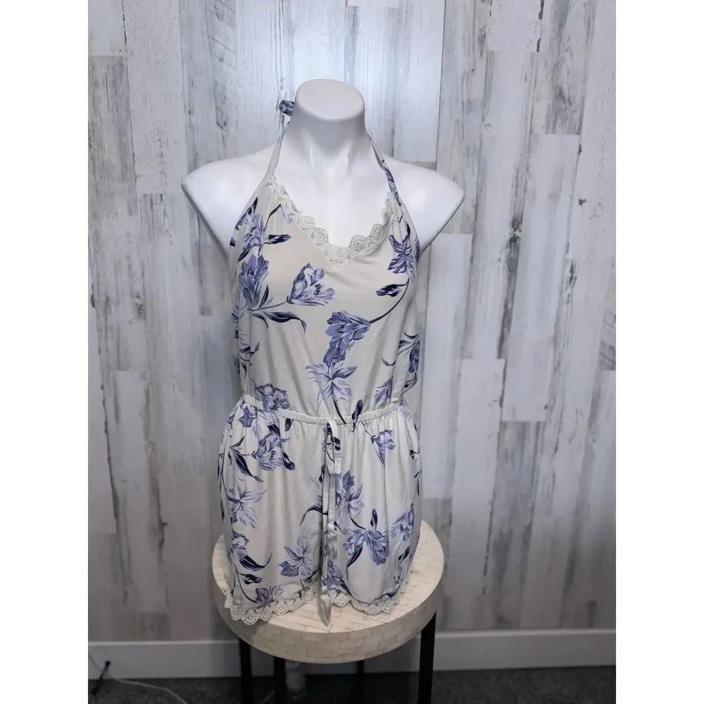 Derek Heart Ivory Blue Floral Halter Romper Womens Large Lace Trim Open Back